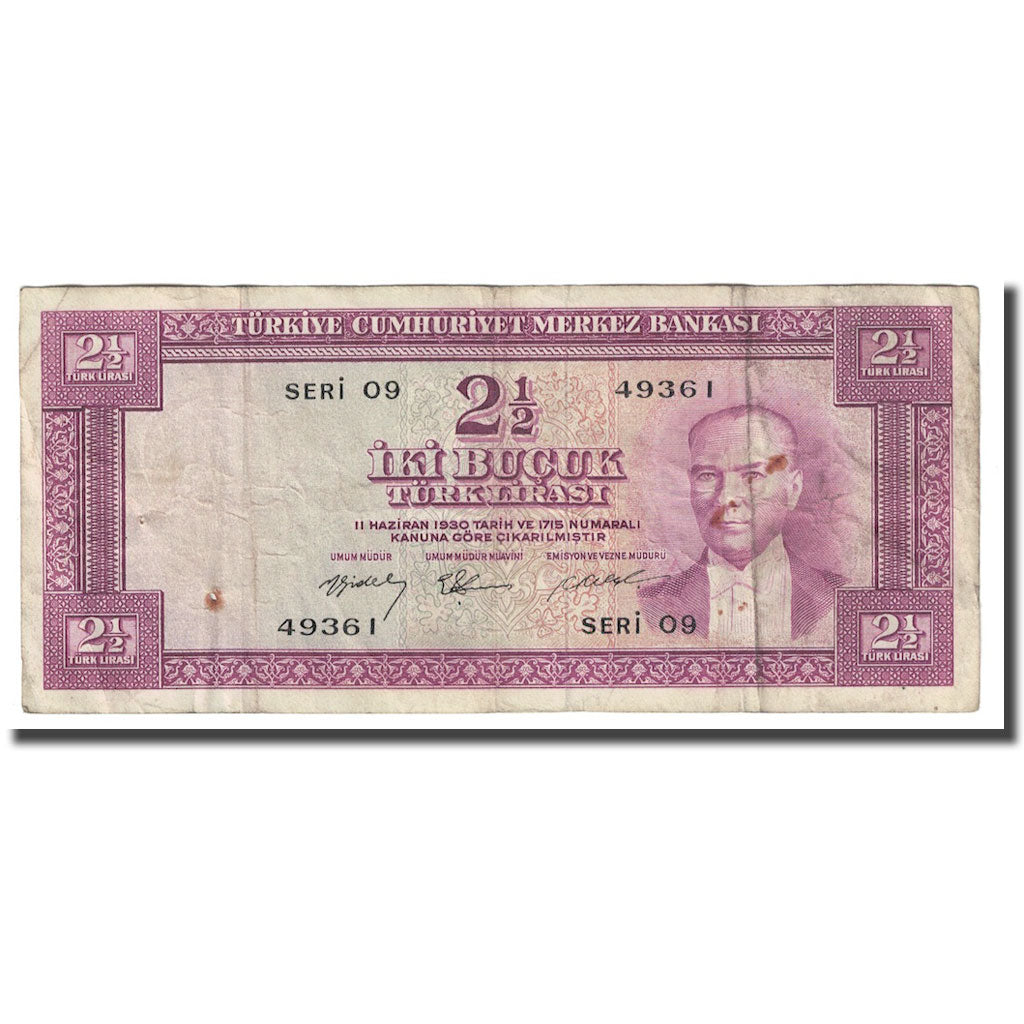 Banconote, Turchia, 2 1/2 Lira, 1955, 1955-01-03, KM:151a, MB