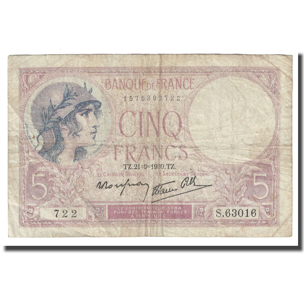 Francja, 5 Francs, Violet, 1939, 1939-09-21, VF(20-25), Fayette:04.09, KM:83