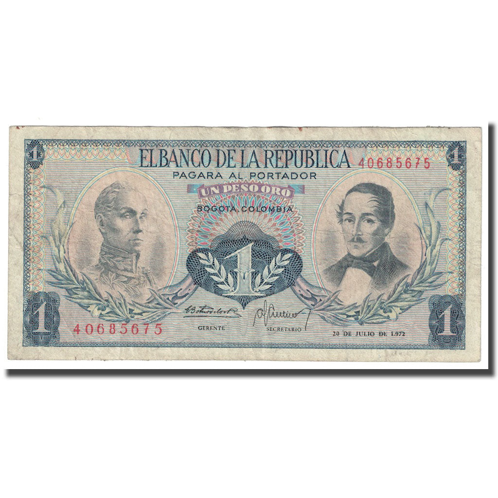 Banknot, Colombia, 1 Peso Oro, 1972, 1972-06-20, KM:404e, VF(30-35)