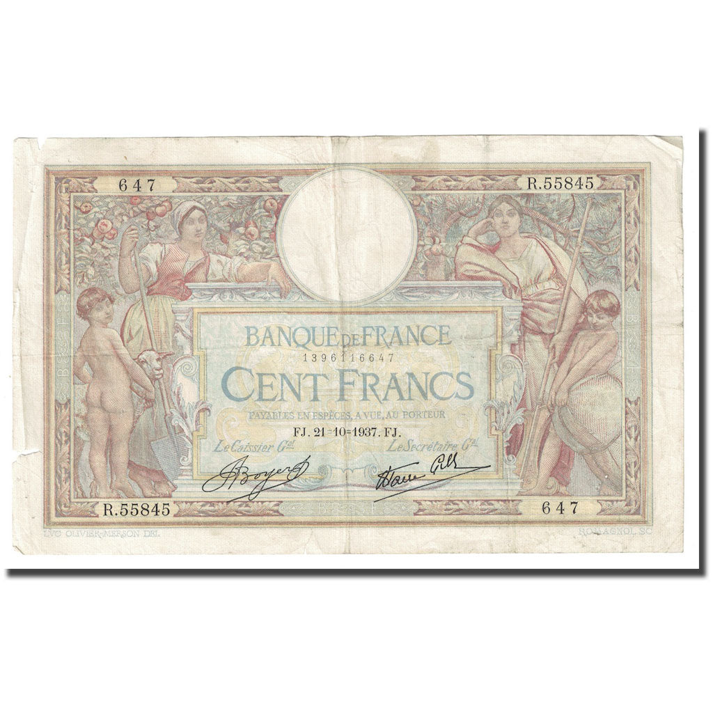 France, 100 Francs, Luc Olivier Merson, 1937, 1937-10-21, TB, Fayette:25.03