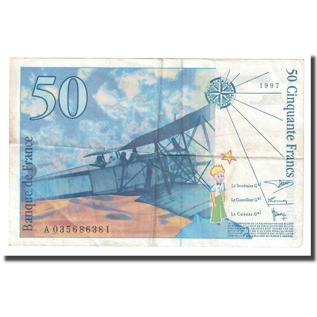 France, 50 Francs, St Exupéry, 1997, B+, Fayette:73.4, KM:157Ad