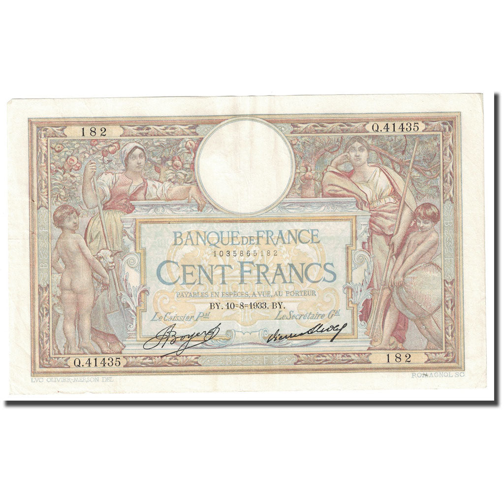France, 100 Francs, Luc Olivier Merson, 1933, 1933-08-10, TB+, Fayette:24.12