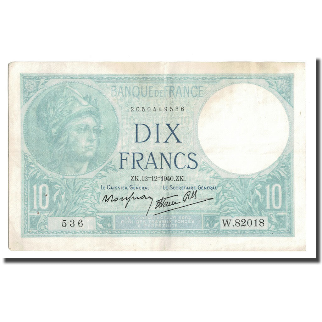 Frankreich, 10 Francs, Minerve, 1940, 1940-12-12, SS, Fayette:7.24, KM:84