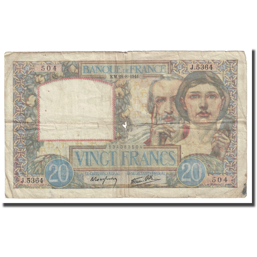 França, 20 Francs, Science et Travail, 1941, 1941-08-28, VF(20-25)
