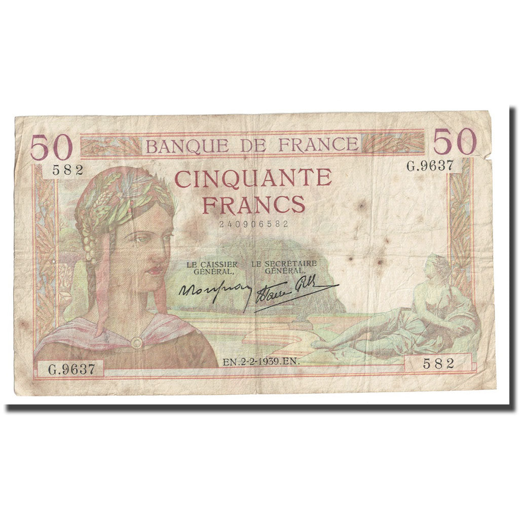 Francia, 50 Francs, Cérès, 1939, 1939-02-02, MB, Fayette:18.21, KM:85b