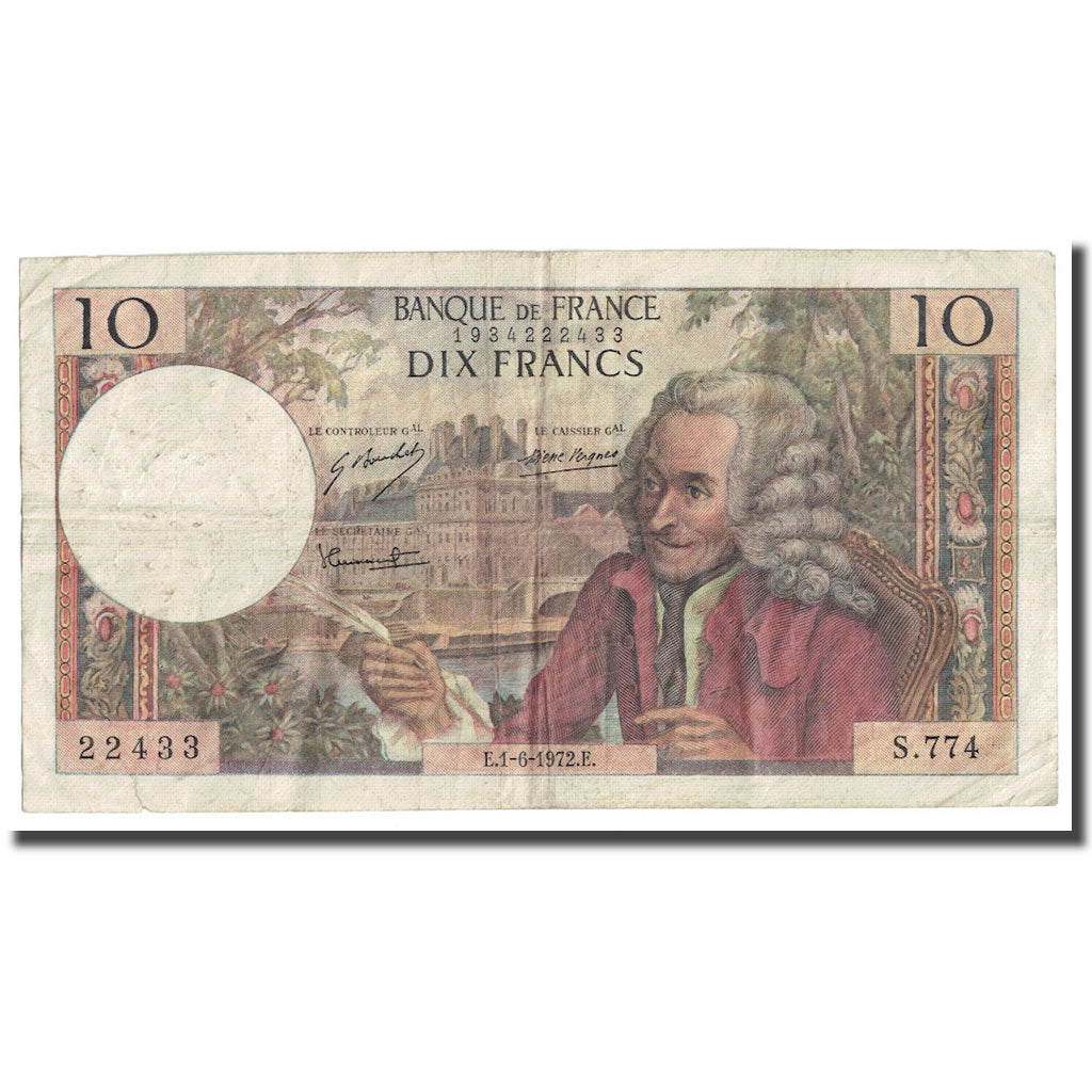 France, 10 Francs, Voltaire, 1972, 1972-06-01, VF(20-25), Fayette:62.56, KM:147d