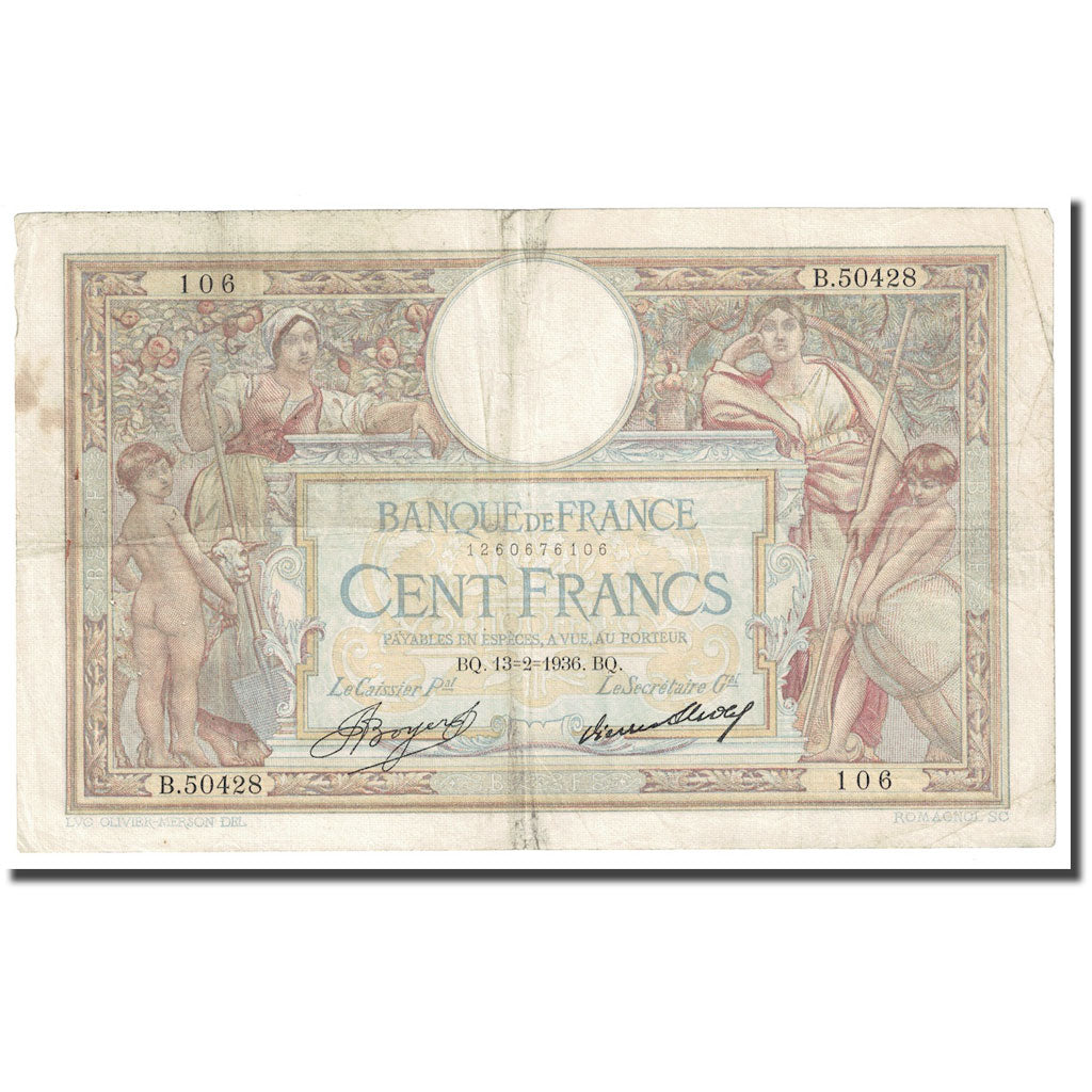 France, 100 Francs, Luc Olivier Merson, 1936, 1936-02-13, F(12-15)