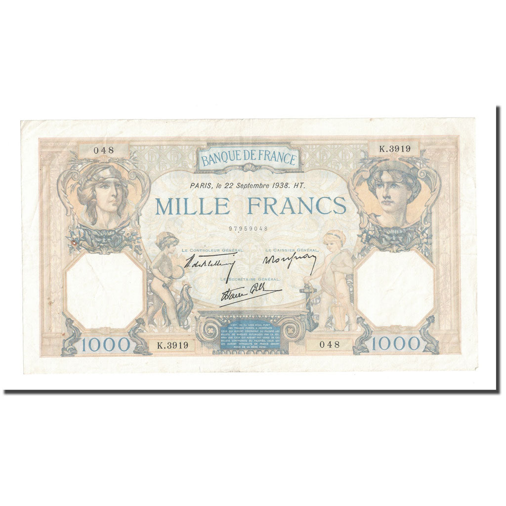 France, 1000 Francs, Cérès et Mercure, 1938, 1938-09-22, TB, Fayette:38.27