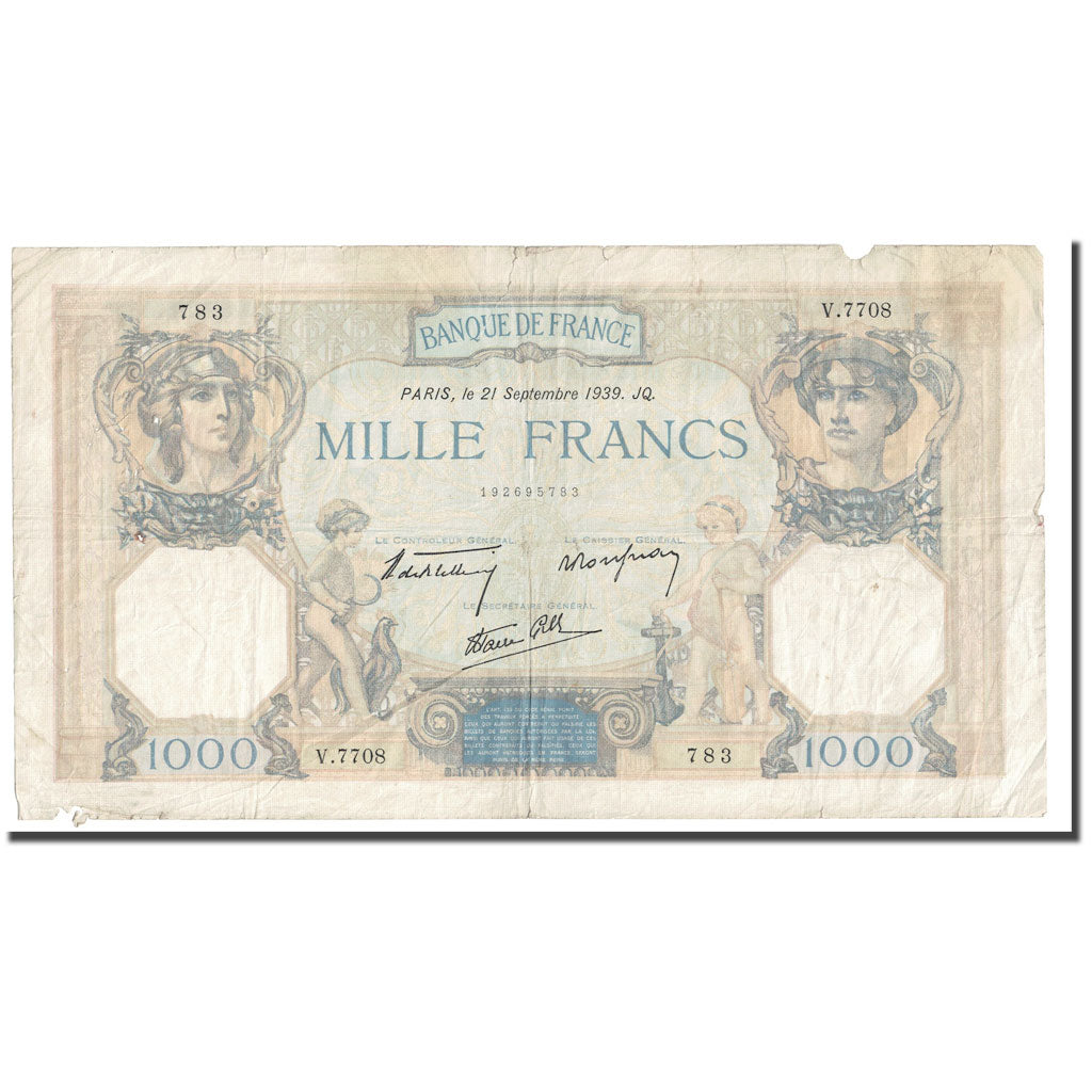 France, 1000 Francs, Cérès et Mercure, 1939, 1939-09-21, B, Fayette:38.37
