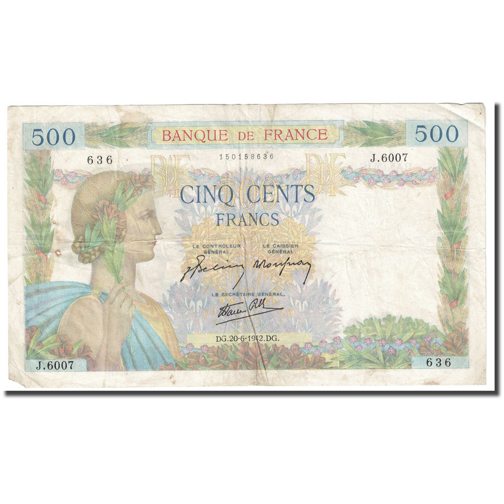 Frankrijk, 500 Francs, La Paix, 1942, 1942-06-20, B+, Fayette:32.35, KM:95b