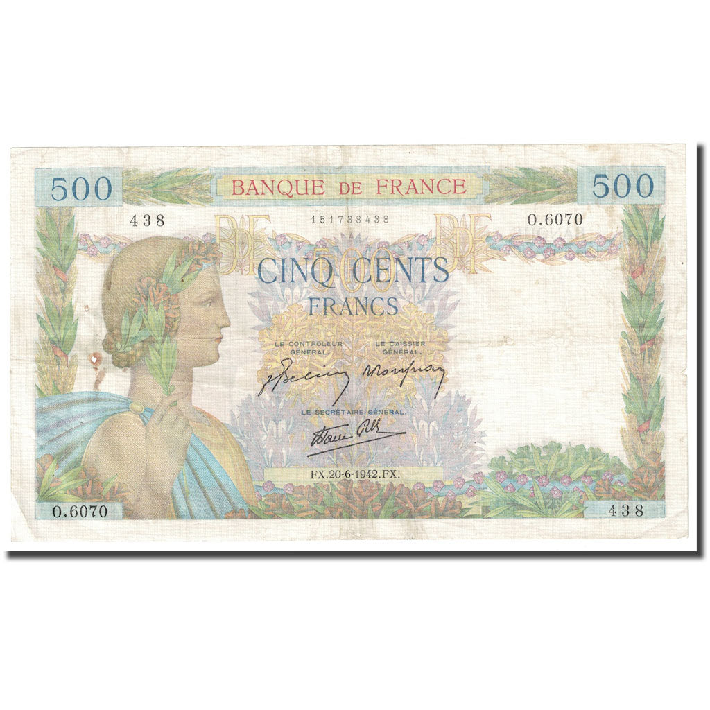 Francia, 500 Francs, La Paix, 1942, 1942-06-20, MB, Fayette:32.35, KM:95b