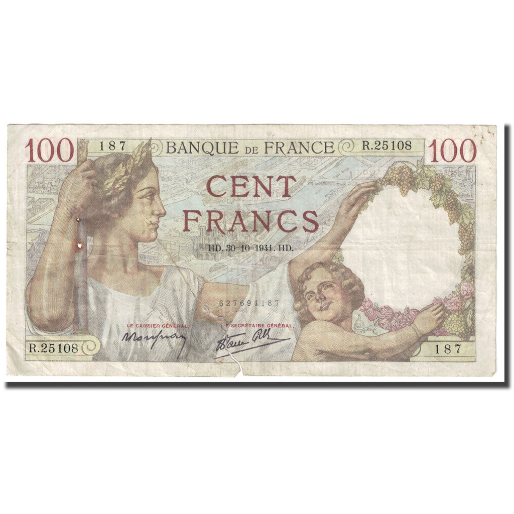 France, 100 Francs, Sully, 1941, 1941-10-30, AB+, Fayette:26.59, KM:94