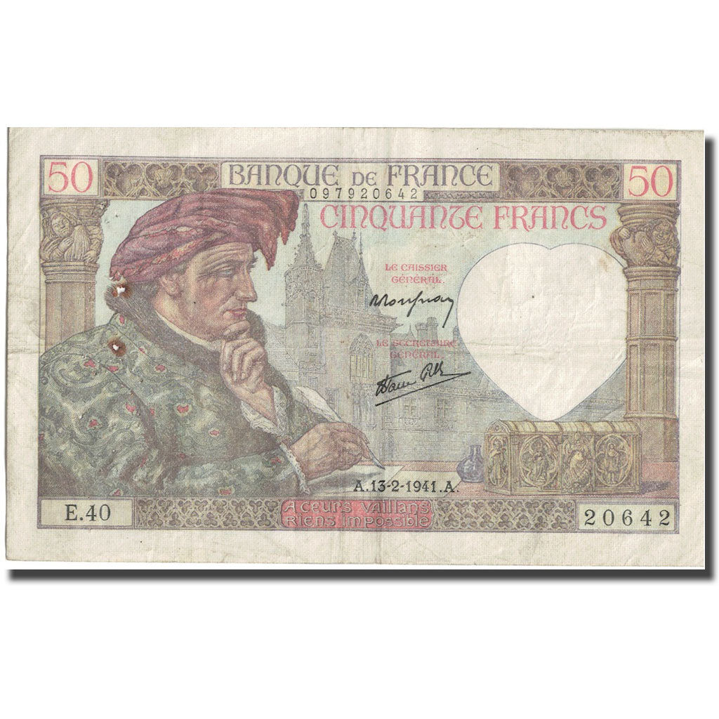 Frankrijk, 50 Francs, Jacques Coeur, 1941, 1941-02-13, B, Fayette:19.06, KM:93