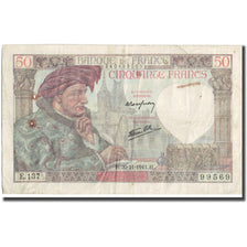 France, 50 Francs, Jacques Coeur, 1941, 1941-11-20, VG(8-10), Fayette:19.16