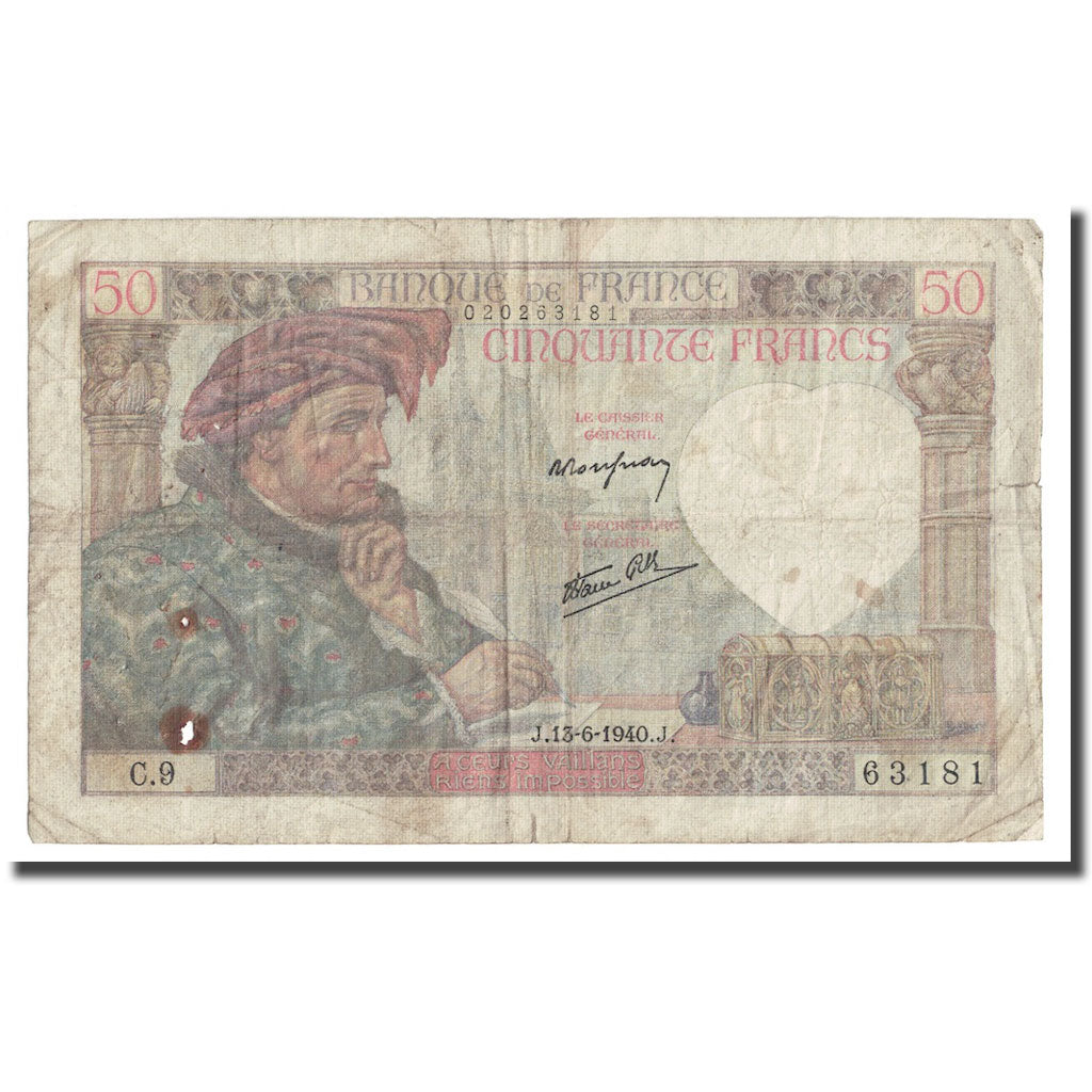 Francja, 50 Francs, Jacques Coeur, 1940, 1940-06-13, G(4-6), Fayette:19.16