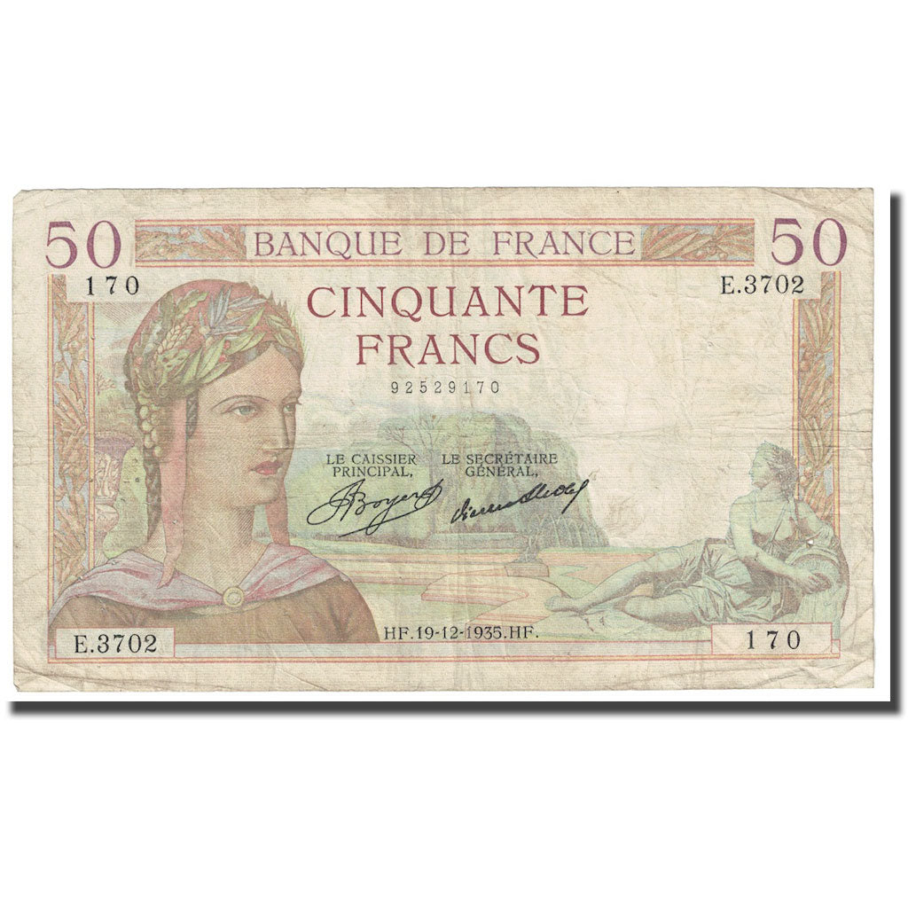 France, 50 Francs, Cérès, 1935, 1935-12-19, VF(20-25), Fayette:17.21, KM:81