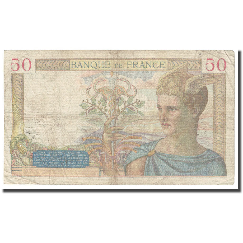 France, 50 Francs, Cérès, 1935, 1935-12-19, VF(20-25), Fayette:17.21, KM:81