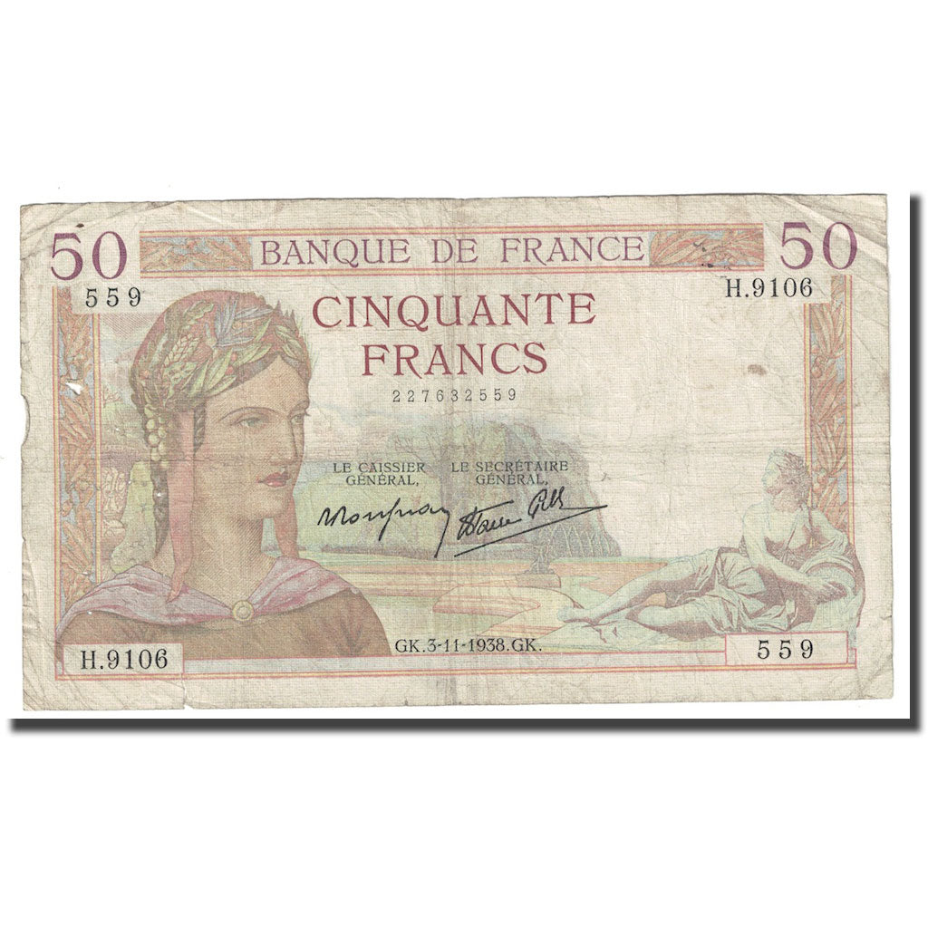 Frankreich, 50 Francs, Cérès, 1938, 1938-11-03, GE+, Fayette:18.18, KM:85b