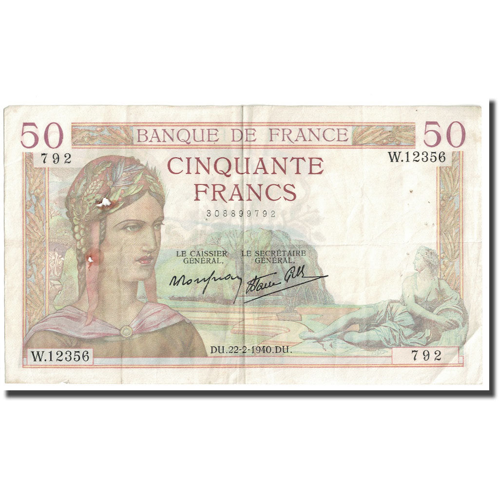 Francia, 50 Francs, Cérès, 1940, 1940-02-22, MB, Fayette:18.39, KM:85b