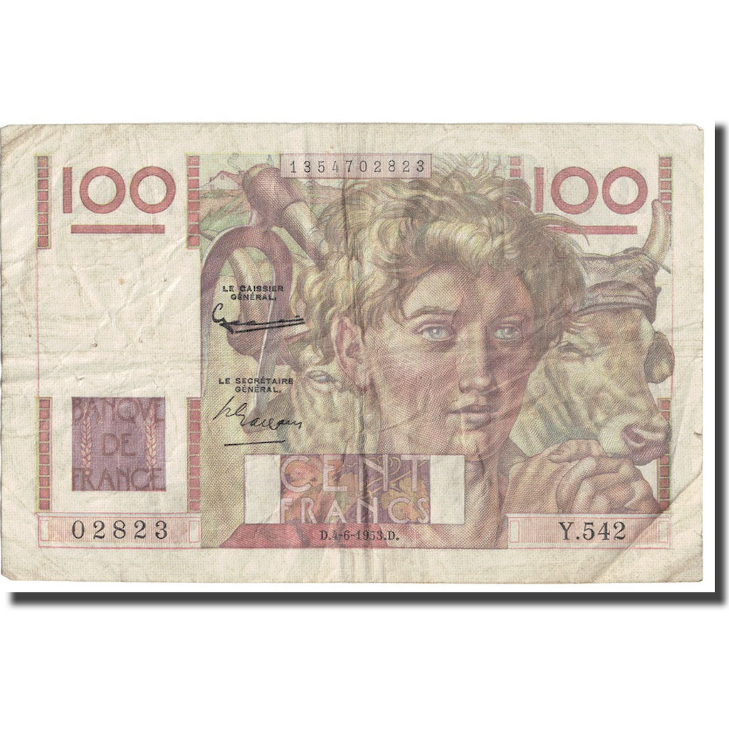 Francia, 100 Francs, Jeune Paysan, 1953, 1953-06-04, RC+, Fayette:28.37, KM:128d