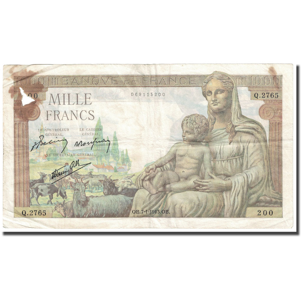 France, 1000 Francs, Déesse Déméter, 1943, 1943-01-07, B+, Fayette:40.15