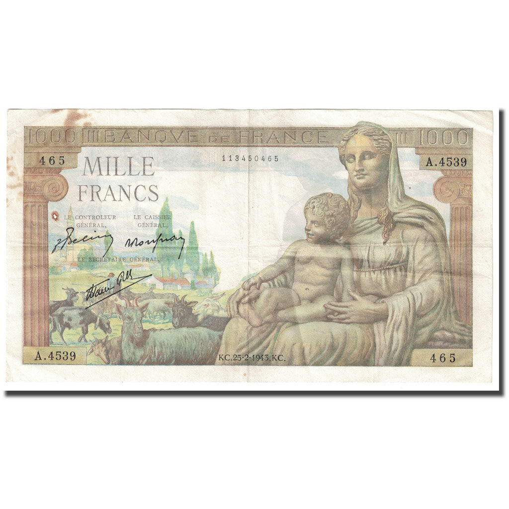 Francia, 1000 Francs, Déesse Déméter, 1943, 1943-01-07, B+, Fayette:40.15