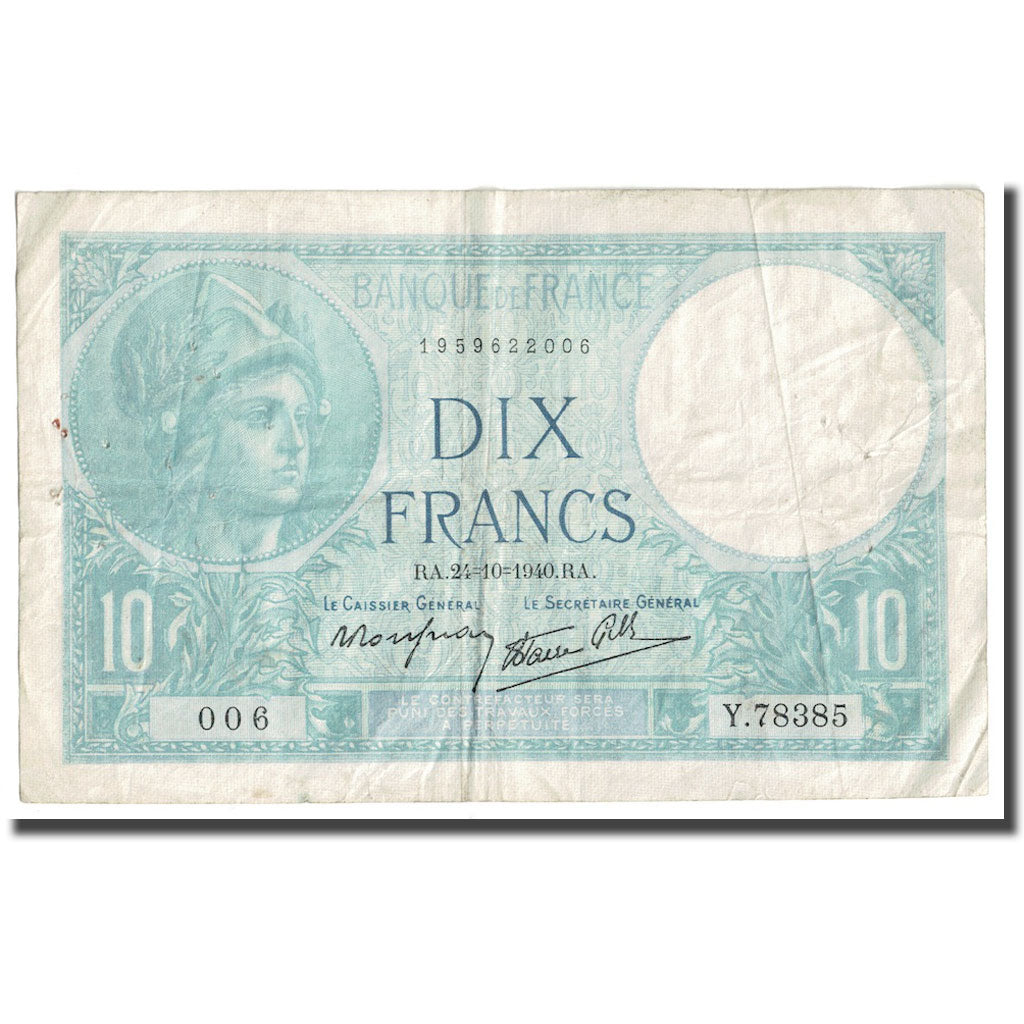 França, 10 Francs, Minerve, 1940, 1940-10-24, F(12-15), Fayette:7.18, KM:84