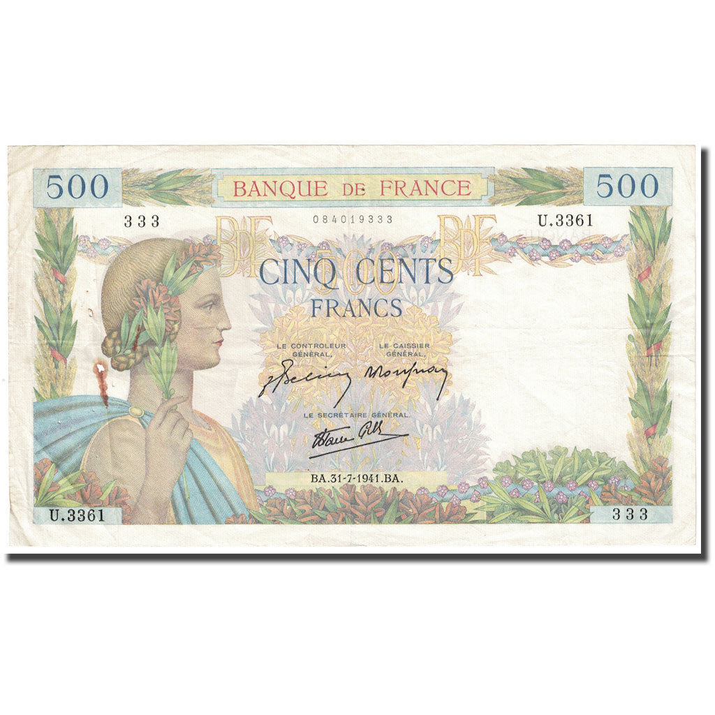 France, 500 Francs, La Paix, 1941, 1941-07-31, B+, Fayette:32.20, KM:95b