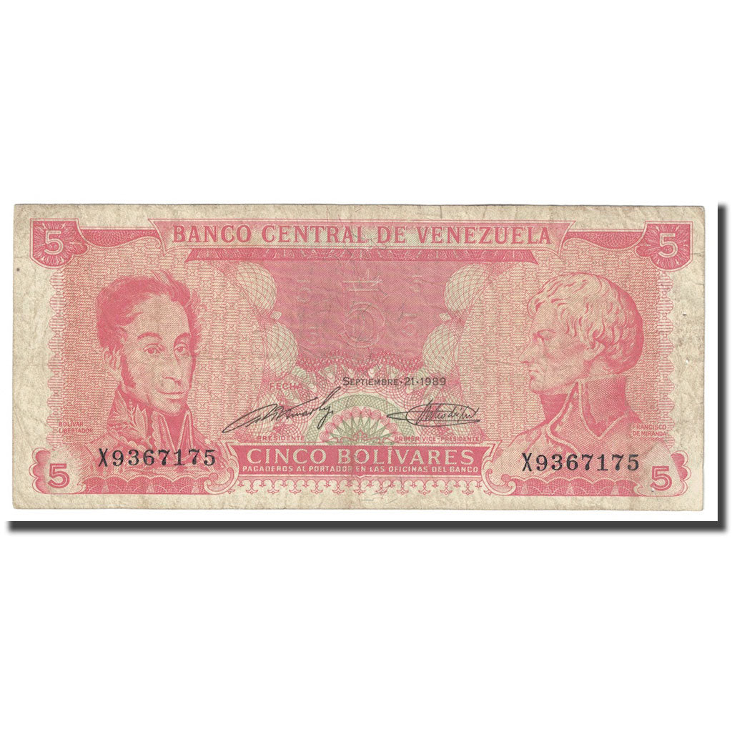 Banknot, Venezuela, 5 Bolivares, 1989, 1989-09-21, KM:70a, VG(8-10)