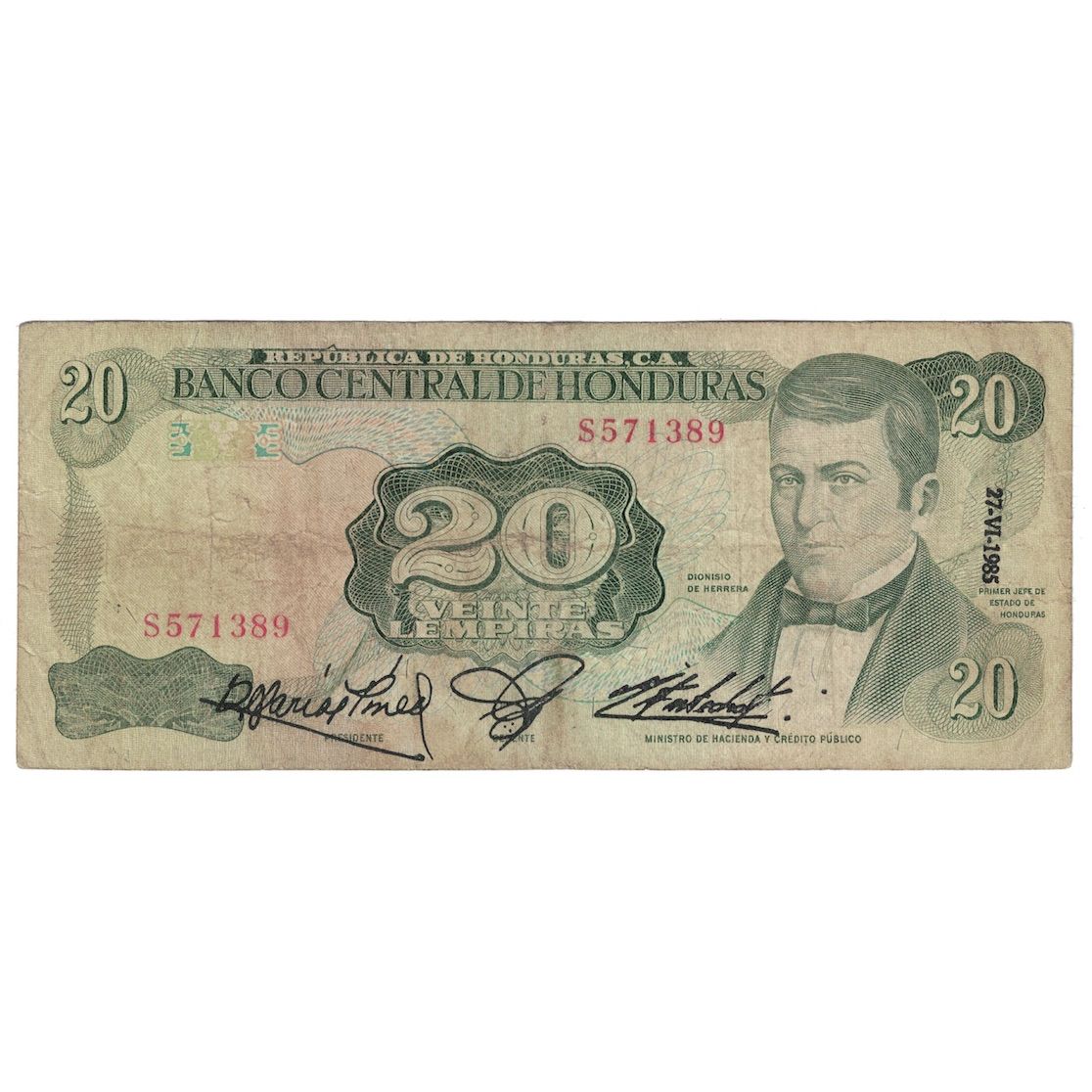 Billete, 20 Lempiras, 1985, Honduras, KM:65b, RC+
