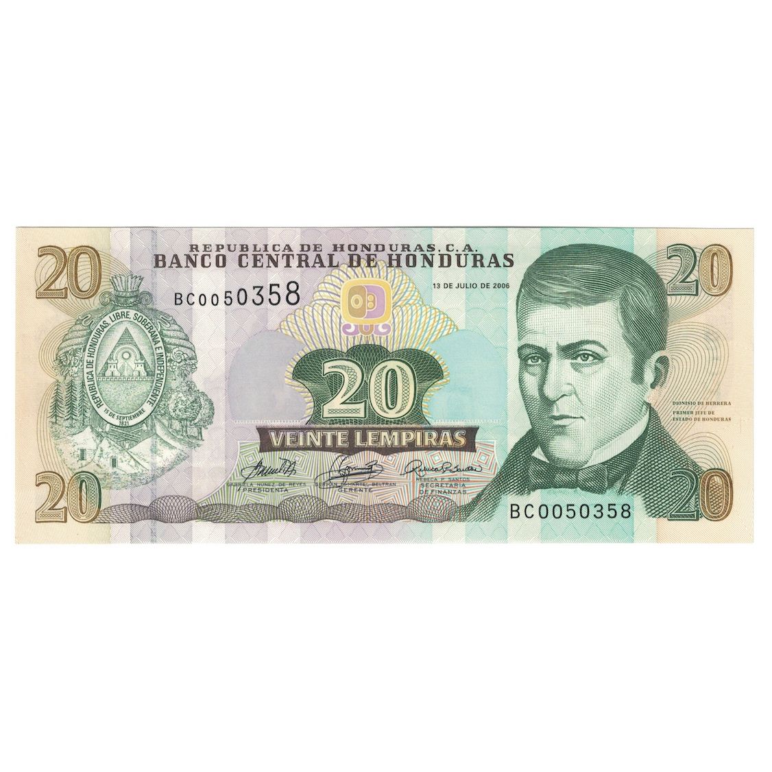 Billete, 20 Lempiras, 2006, Honduras, 2006-07-13, KM:93a, UNC