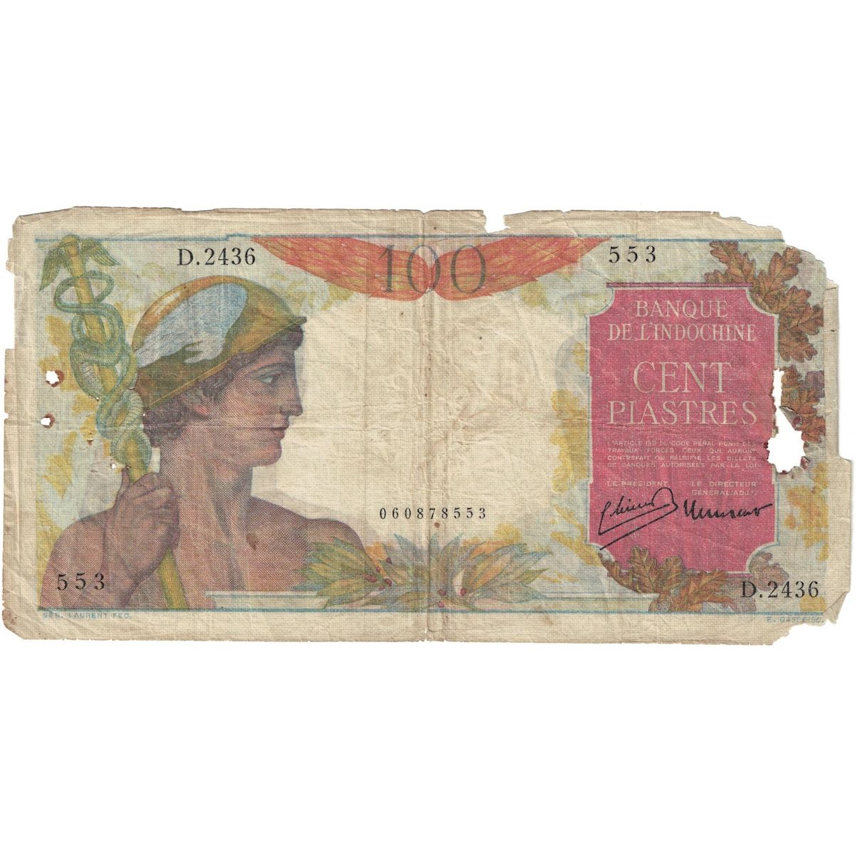 Banknote, FRENCH INDO-CHINA, 100 Piastres, ND (1947-54), KM:82a, F(12-15)