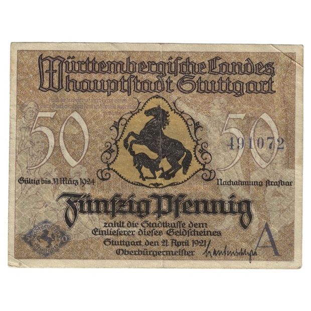 Banknot, Niemcy, 50 Pfennig, 1924, 1924-03-31, STUTTGART, VG(8-10)