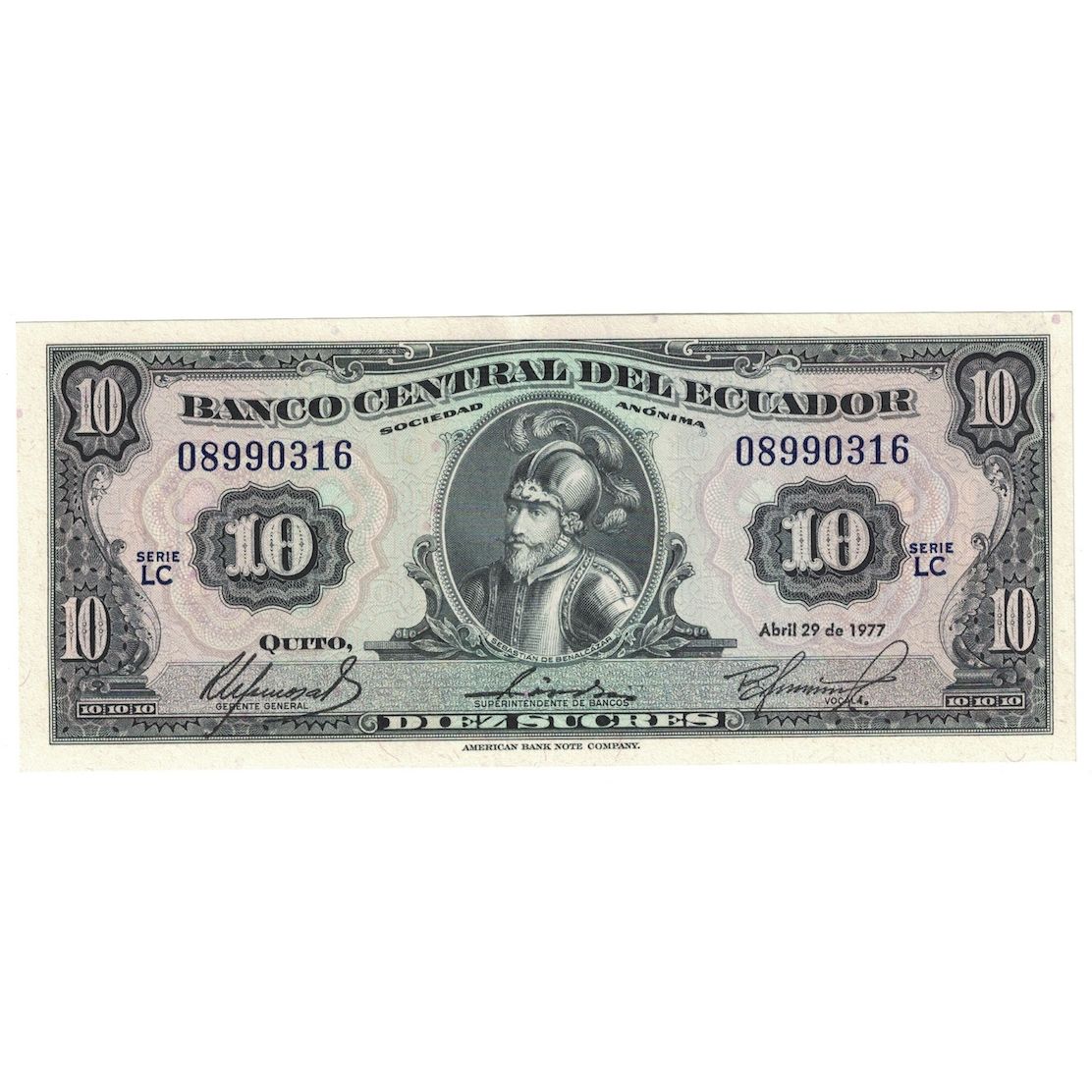 Banknot, Ekwador, 10 Sucres, 1977, 1977-04-29, KM:109, AU(55-58)