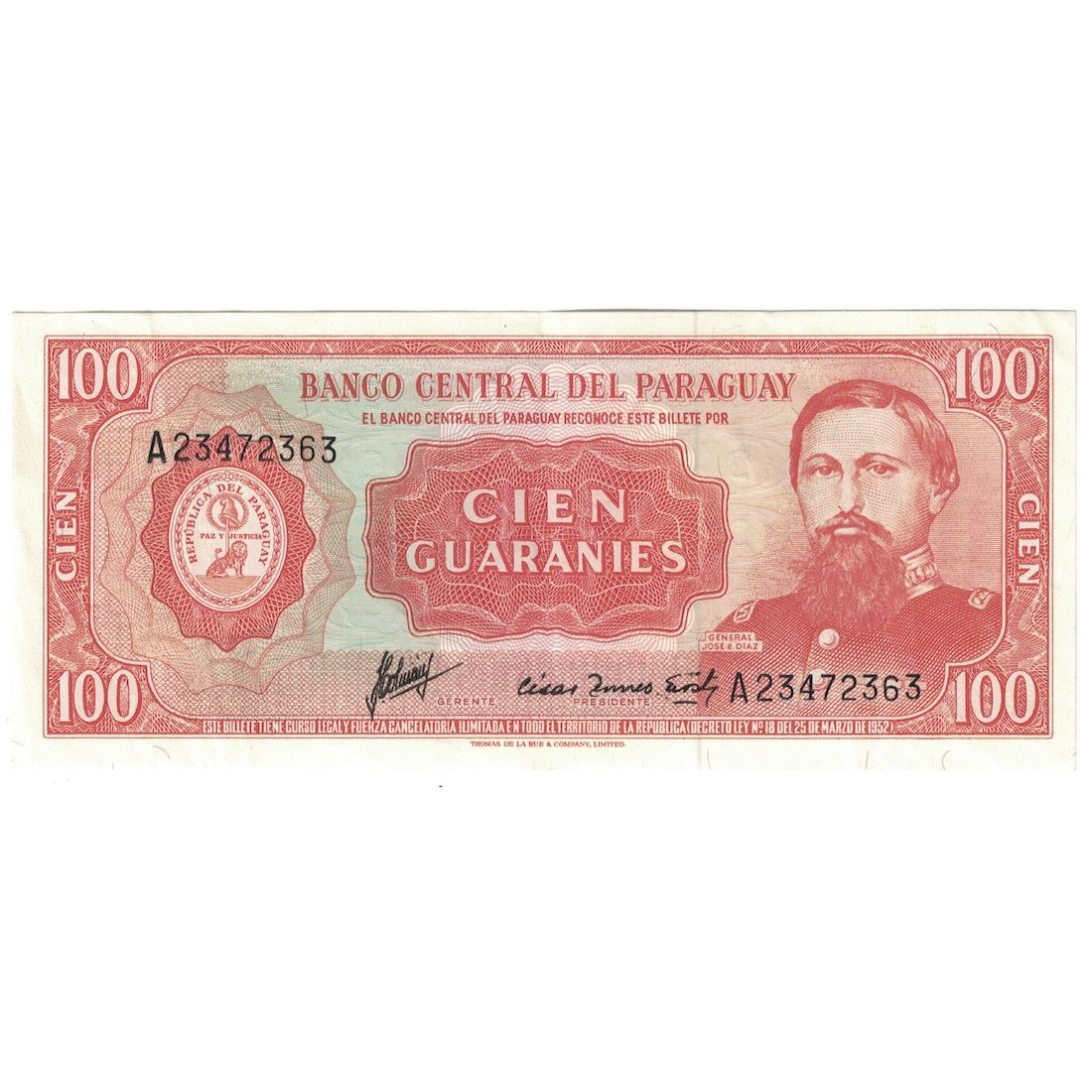 Geldschein, Paraguay, 100 Guaranies, L1952, KM:199b, S+