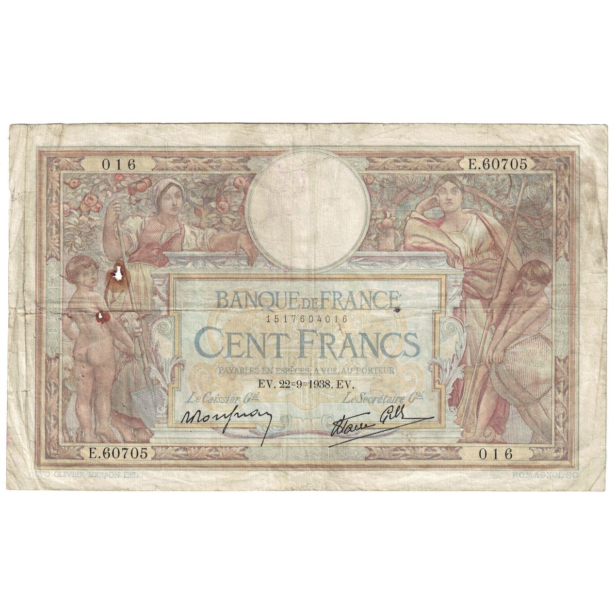 Francia, 100 Francs, Luc Olivier Merson, 1938, 1938-09-22, B, Fayette:25.29