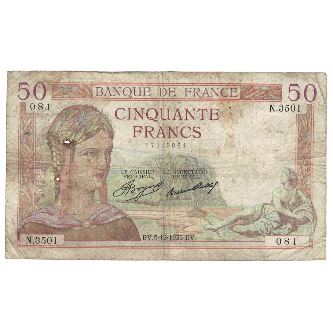 Francia, 50 Francs, Cérès, 1935, 1935-12-05, B, Fayette:17.20, KM:81