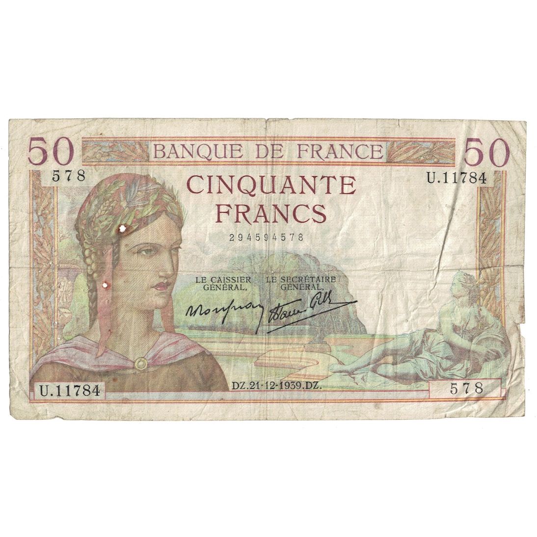 Francia, 50 Francs, Cérès, 1939, 1939-12-21, B, Fayette:18.36, KM:85b