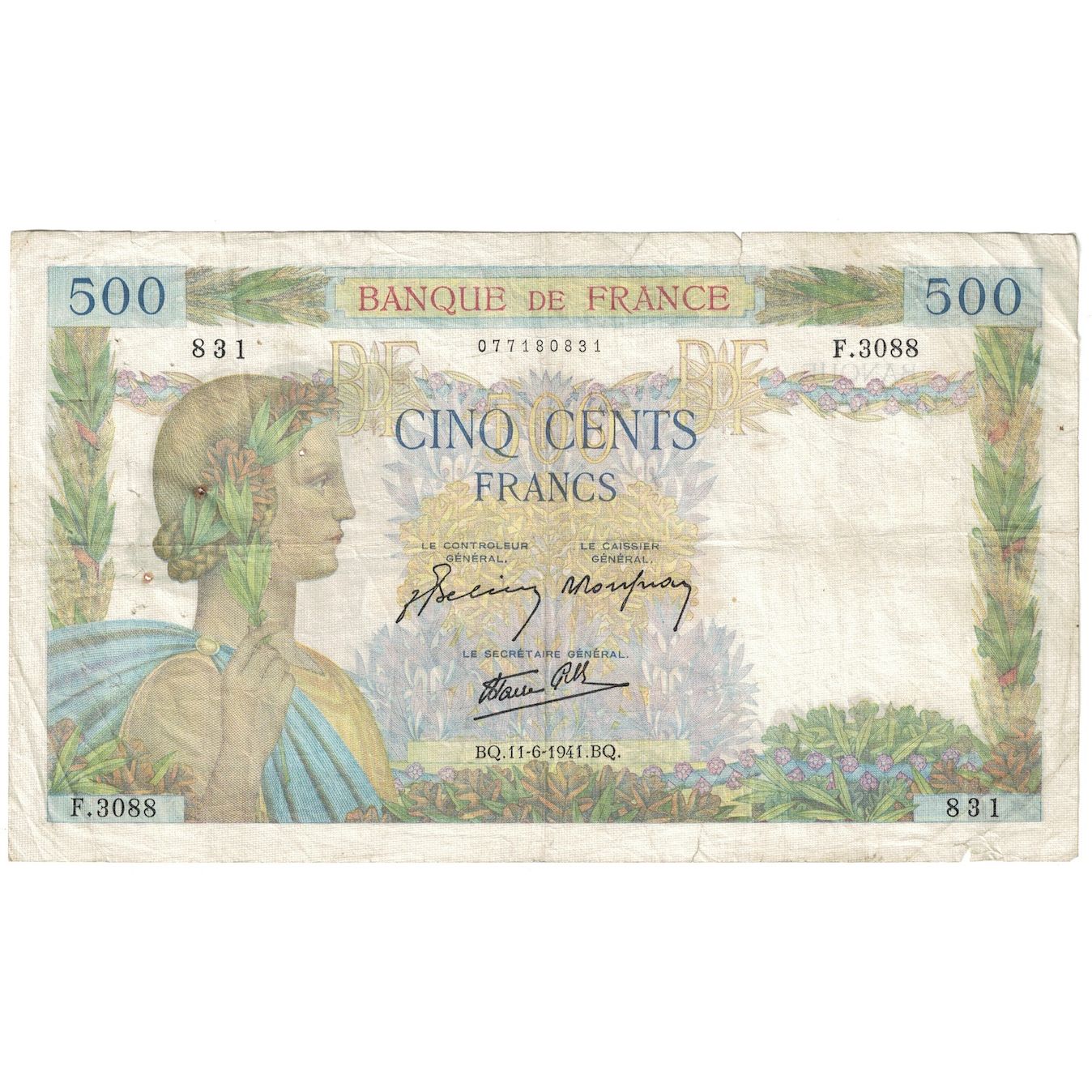 Frankrijk, 500 Francs, La Paix, 1941, 1941-06-11, B+, Fayette:32.18, KM:95b