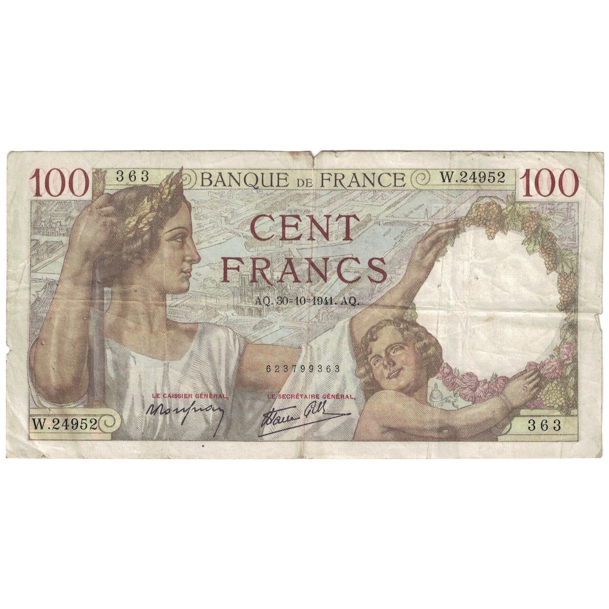 France, 100 Francs, Sully, 1941, 1941-10-30, VG(8-10), Fayette:26.57, KM:94
