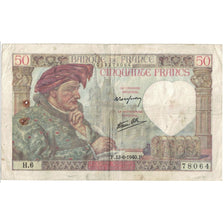 France, 50 Francs, Jacques Coeur, 1940, 1940-06-13, VG(8-10), Fayette:19.18