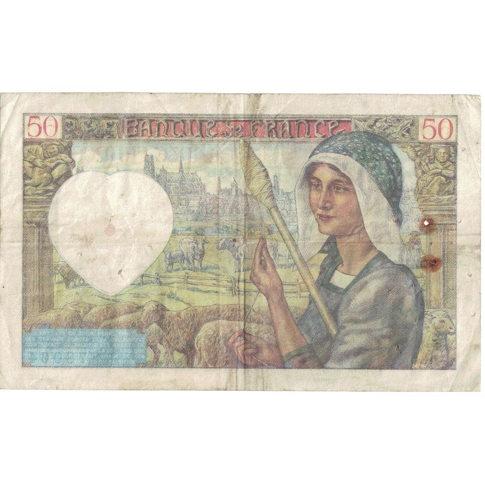 France, 50 Francs, Jacques Coeur, 1940, 1940-06-13, VG(8-10), Fayette:19.18