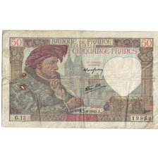 Francja, 50 Francs, Jacques Coeur, 1940, 1940-09-05, VG(8-10), Fayette:19.02