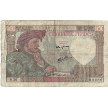 France, 50 Francs, Jacques Coeur, 1940, 1940-09-26, VG(8-10), Fayette:19.03
