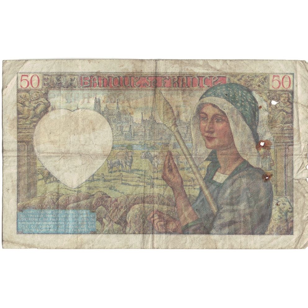 France, 50 Francs, Jacques Coeur, 1940, 1940-09-26, VG(8-10), Fayette:19.03