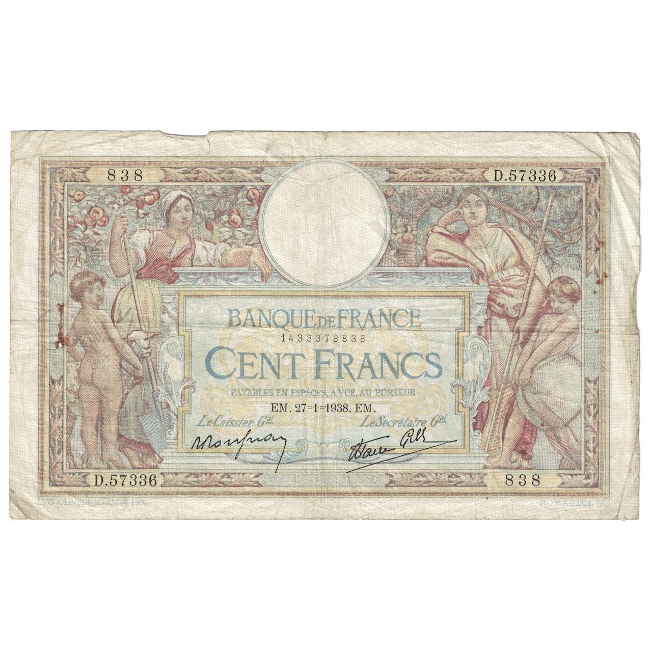 France, 100 Francs, Luc Olivier Merson, 1938, 1938-01-27, VG(8-10)