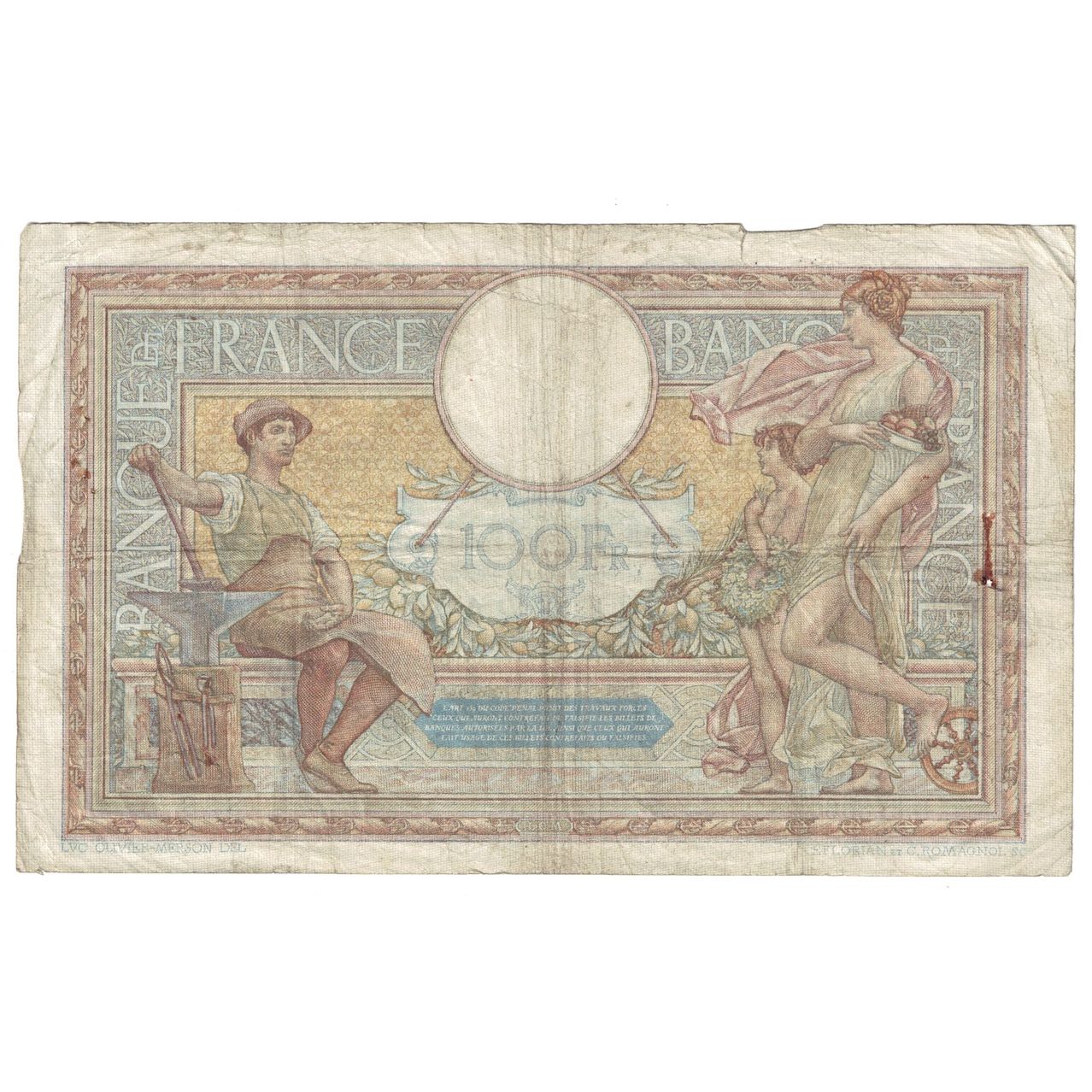 France, 100 Francs, Luc Olivier Merson, 1938, 1938-01-27, VG(8-10)