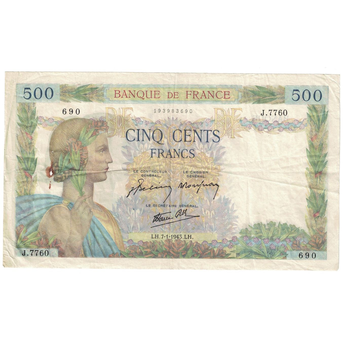 Frankreich, 500 Francs, La Paix, 1943, 1943-01-07, SGE+, Fayette:32.44, KM:95b