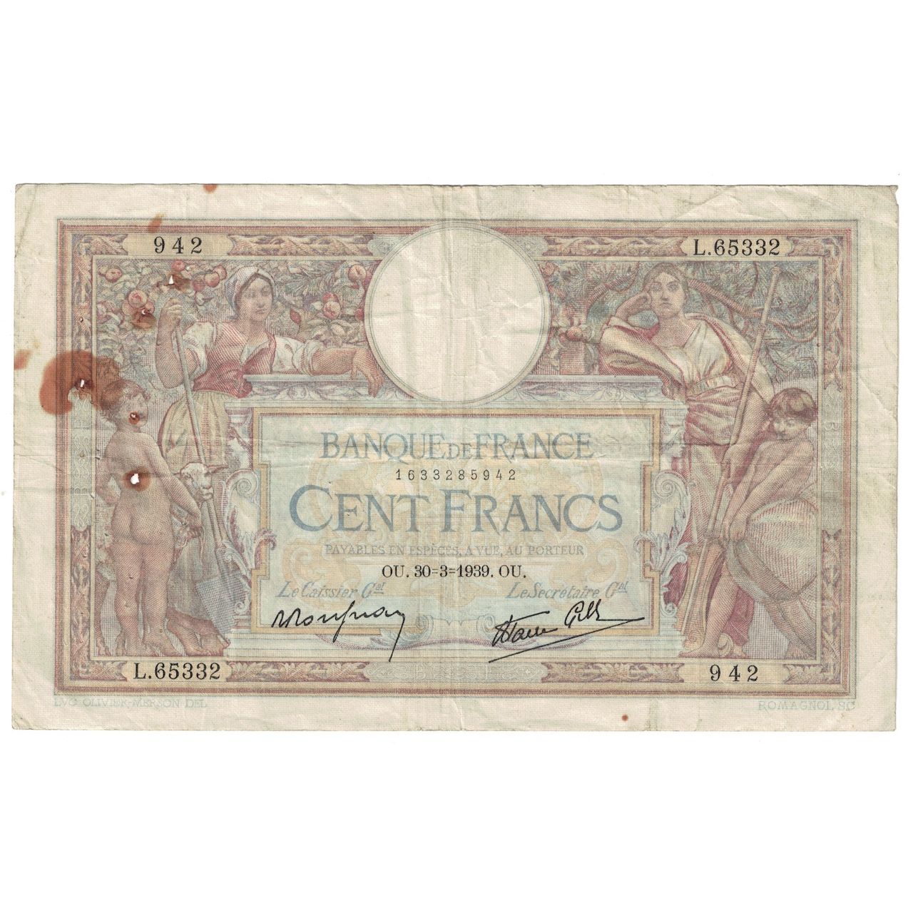 Francia, 100 Francs, Luc Olivier Merson, 1939, 1939-03-30, B, Fayette:25.44