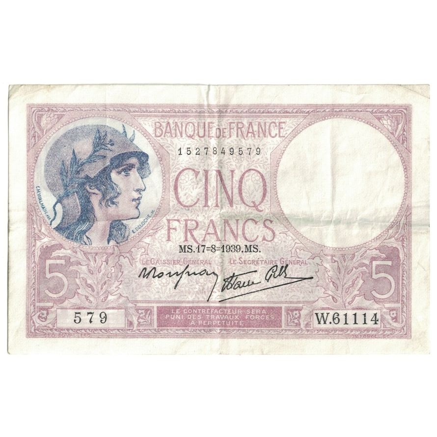 França, 5 Francs, Violet, 1939, 1939-08-17, EF(40-45), Fayette:4.10, KM:83